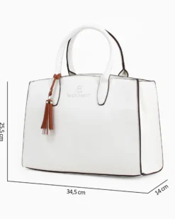SERGIO TACCHINI - Borsa due manici bianca con pennacchio a frange e tre scomparti principali, tracolla removibile