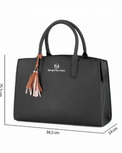 SERGIO TACCHINI - Borsa due manici nera con pennacchio a frange e tre scomparti principali, tracolla removibile