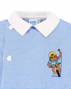 SIGGI - Grembiule asilo azzurro a quadretti da bimbo con due tasche frontali e graffetta in omaggio, certificazione OEKO TEX