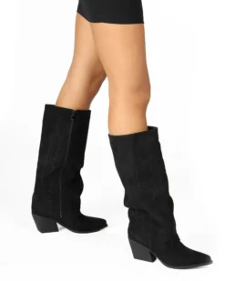 SOLEIL - Stivale texano nero scamosciato con zip laterale e risvolto, tacco 7CM