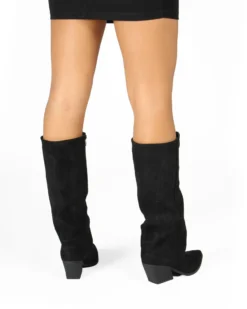 SOLEIL - Stivale texano nero scamosciato con zip laterale e risvolto, tacco 7CM