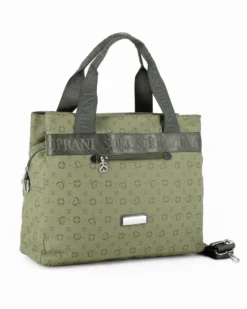 SOLO SOPRANI - Borsa due manici verde con tasca frontale e tre scomparti principali, tracolla remobile