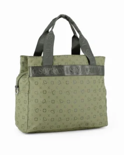 SOLO SOPRANI - Borsa due manici verde con tasca frontale e tre scomparti principali, tracolla remobile