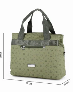 SOLO SOPRANI - Borsa due manici verde con tasca frontale e tre scomparti principali, tracolla remobile