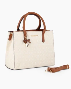 SOLO SOPRANI - Borsa due manici panna loggata con ciondolo fiocco+cuore, tracolla removibile