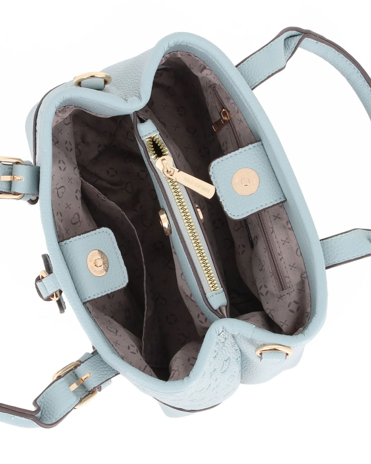 SOLO SOPRANI - Borsa due manici jeans loggata con tre scomparti principali e ciondolo frontale, tracolla removibile