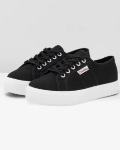 SUPERGA - Sneakers da donna nera e bianca con suola spessa e occhielli argento metallizzato - 2730 MID PLATFORM