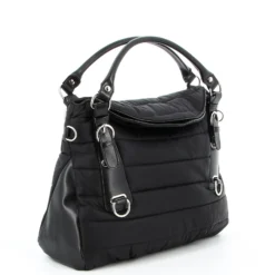TATOO - Borsa due manici nera piumino con fibbie frontali e tracolla removibile, MADE IN ITALY