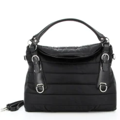 TATOO - Borsa due manici nera piumino con fibbie frontali e tracolla removibile, MADE IN ITALY