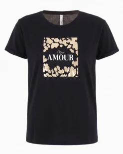 TATOO - Tshirt manica corta con stampa e scritta marrone in cotone