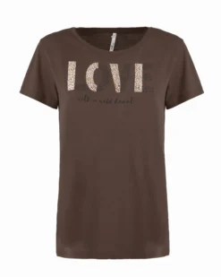 TATOO - Tshirt manica corta con scritta marrone in cotone