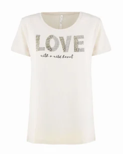TATOO - Tshirt manica corta con cuore e scritta marrone in cotone