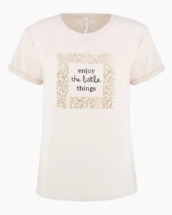 TATOO - Tshirt manica corta con stampa e scritta beige in cotone