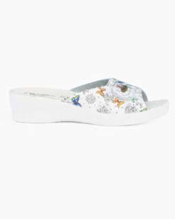 TIGLIO - Ciabatta sanitaria bianca con sottopiede in VERA PELLE e strappo, fantasia fiori e farfalle - MADE IN ITALY