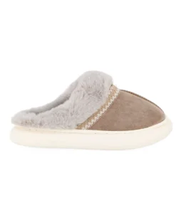 TIGLIO RAMBLAS - Pantofola beige scamosciata da donna con pelliccia