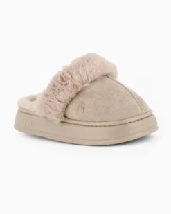 TIGLIO RAMBLAS - Pantofola beige scamosciata con pelliccia