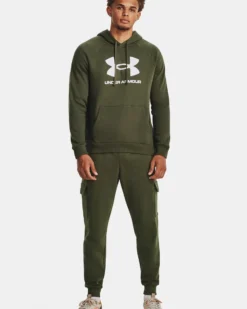 UNDER ARMOR - Felpa da uomo verde scuro con cappuccio e logo bianco