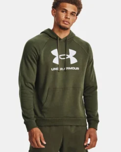 UNDER ARMOR - Felpa da uomo verde scuro con cappuccio e logo bianco