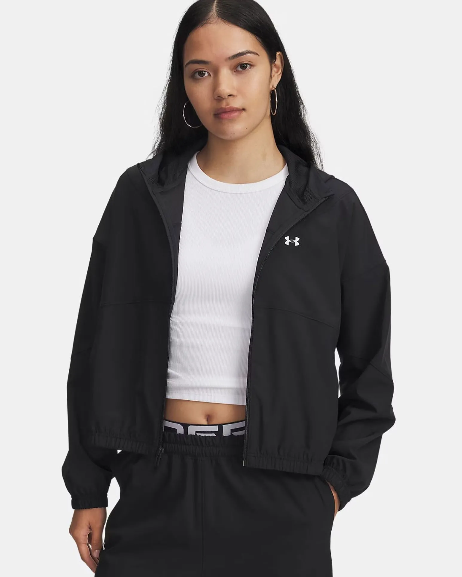 UNDER ARMOUR - GIACCA LEGGERA CON CAPPUCCIO FULL ZIP RIVAL WOVEN JKT HD NERA DA DONNA , 6004849_0005