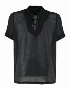 YELLOW DOG - CAMICIA MEZZA MANICA NERA, SCOLLO A V E LACCI FROTALI
