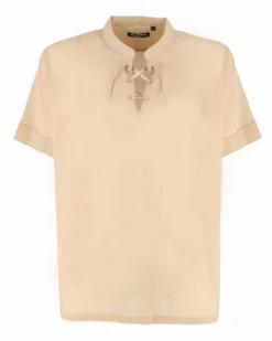 YELLOW DOG - CAMICIA MEZZA MANICA BEIGE, SCOLLO A V E LACCI FROTALI