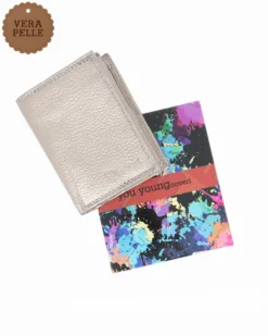 YOU YOUNG COVERI - Portafoglio piccolo grigio laminato in VERA PELLE con pattina e tasca portamonete