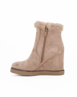 ZOE - Stivale khaki scamosciato con zip laterale e dettaglio bordo con pelliccetta, zeppa 9CM
