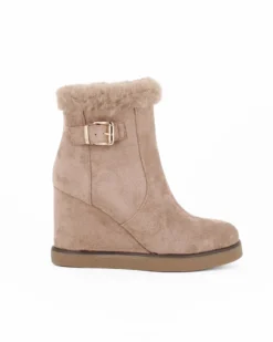 ZOE - Stivale khaki scamosciato con zip laterale e dettaglio bordo con pelliccetta, zeppa 9CM