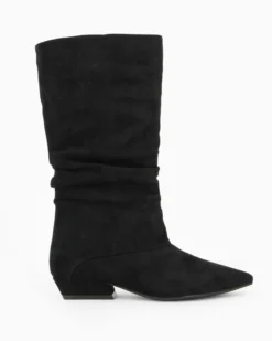 ZOE - Stivale nero scamosciato a punta con zip laterale e gambale arricciato, tacco 3CM