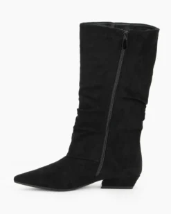 ZOE - Stivale nero scamosciato a punta con zip laterale e gambale arricciato, tacco 3CM