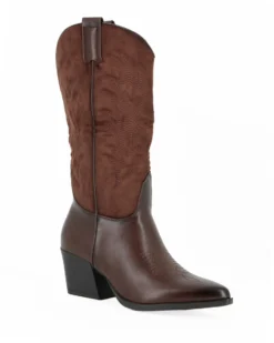 ZOE - Stivale texano marrone con gambale scamosciato e zip laterale, tacco 6CM